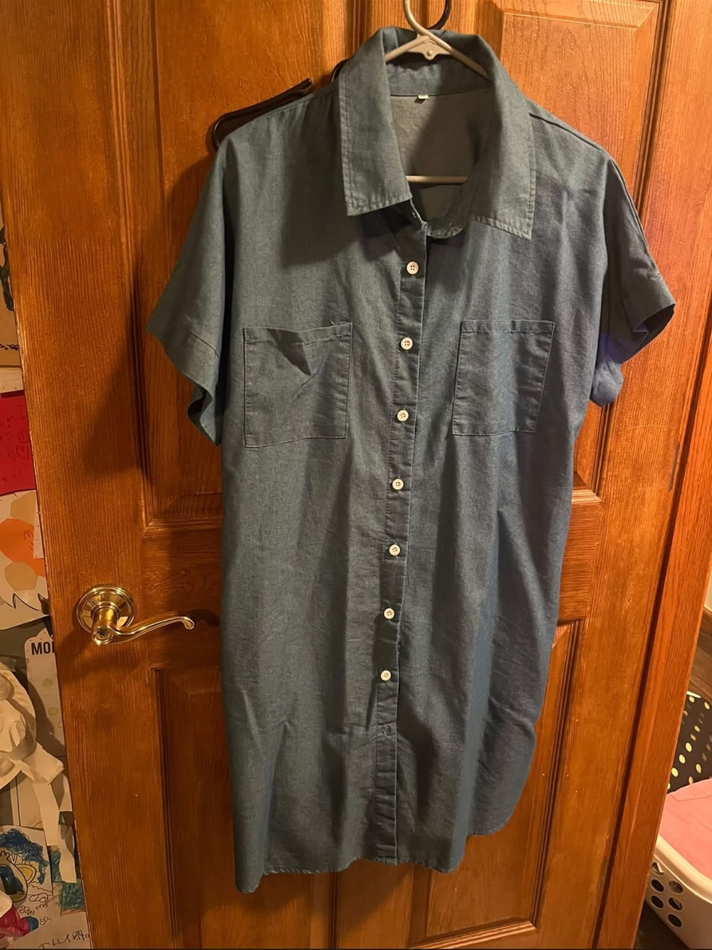 Womens Short-Sleeve Button-Front Shirt Dress in Denim Blue